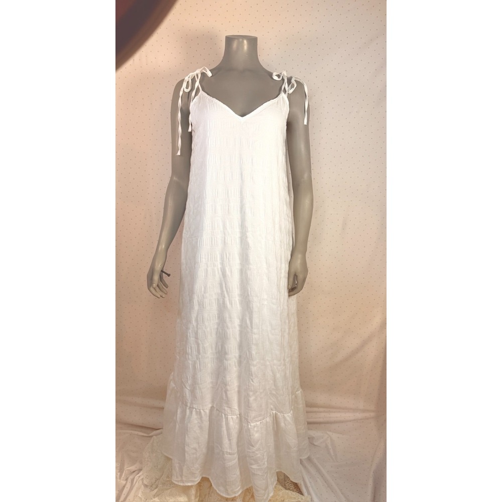 Womens White Boho Maxi Sundress Tie Strap Sweetheart Flowy Summer Dress Size M/6